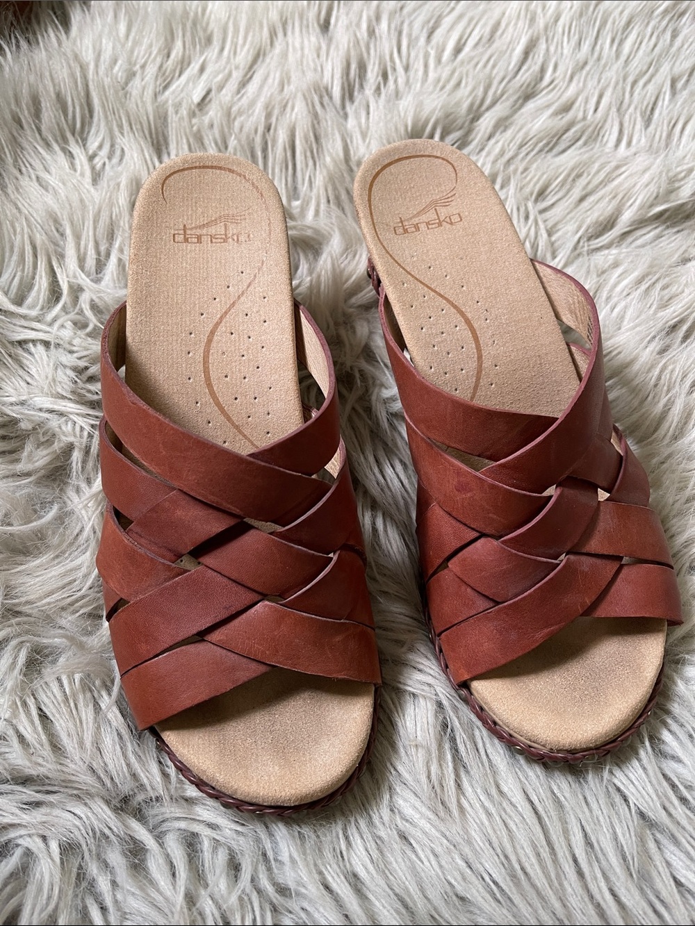 Dansko Women's Cognac Brown Woven Leather Slide Mules